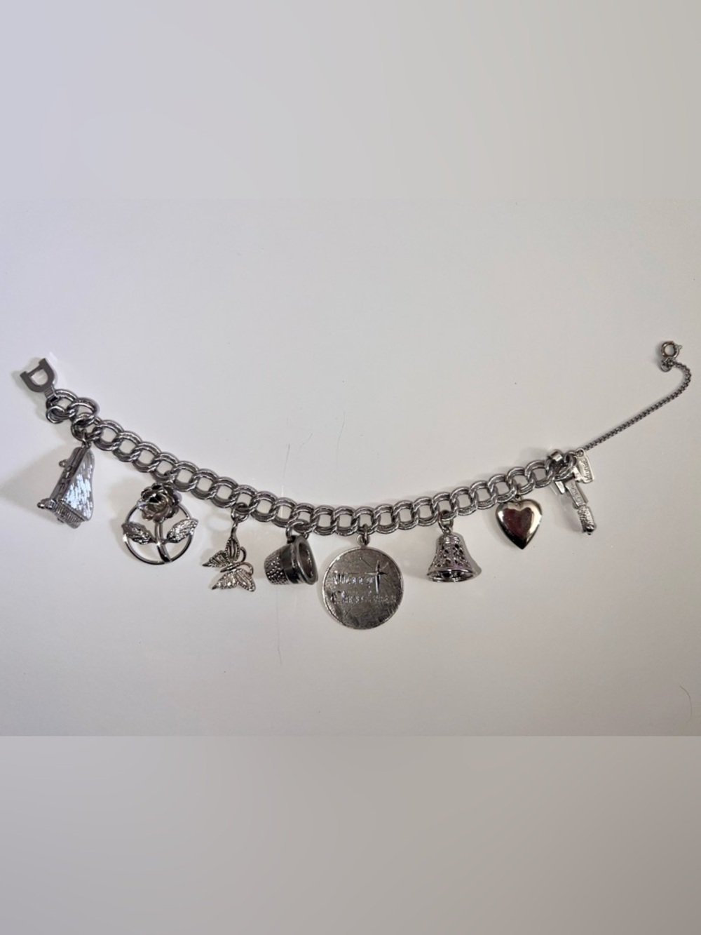 Monet Vintage Silver Charm Bracelet Mechanical Piano and Sterling Silver Charms